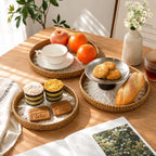 Round Rattan Serving Trays, Set of 3, White Leaf - Image 2