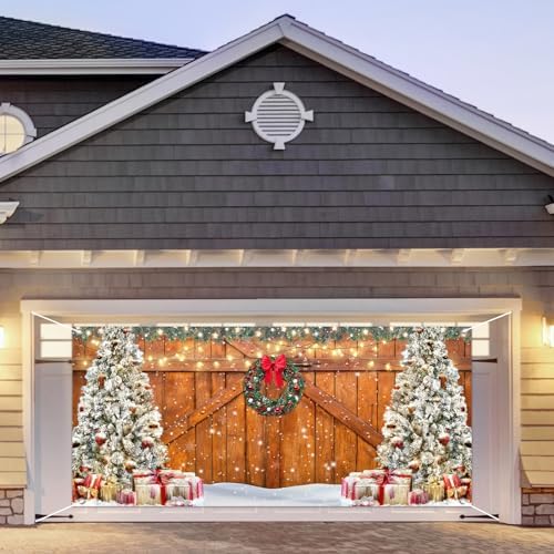 Whaline Rustic Christmas Garage Door Cover 7 x 16 Ft Wood Texture Board Door Cover Extra Large Yard Sign for Xmas Indoor Outdoor House Wall Party Decor - Image 5