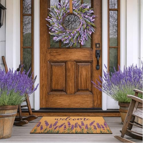 Tingjoo 2 Pcs Lavender Welcome Wreath and Door Mat Set for Front Door - Image 6