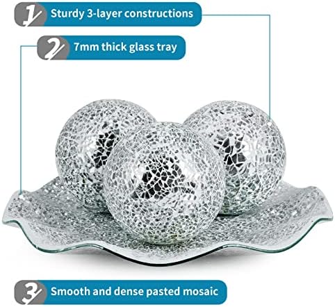 MDLUU Centerpiece Bowl and Balls Set, Mosaic Tray with 3 Pieces Spheres, 12" Decorative Plate with 4" Mosaic Orbs for Home Decor, Gift (Silver) - Image 4