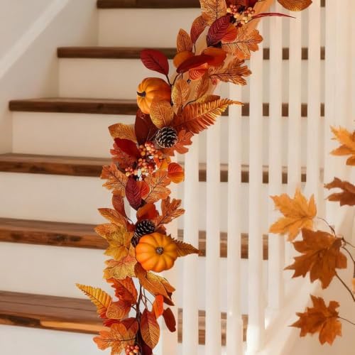 2 Pcs 6Ft Fall Garland with Lights Fall Decorations for Home, Fake Pumpkin Berry Autumn Maple Leaves Garland for Mantle Halloween Thanksgiving Harvest Party Fireplace, Fall Decor Porch Vines - Image 5