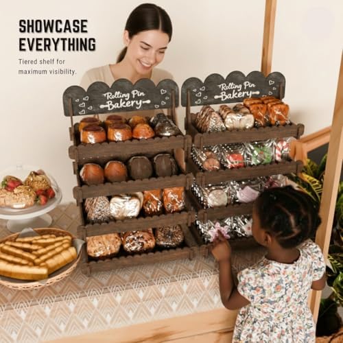 HOTCAN Wooden Cookie Display Stand with Chalkboard Sign for Bakers, Vendors, Craft Fairs | Pastry Display for Market Booths & Events | 4 Tiered Cookie Display for Muffins, Cakes, and Pastries (Brown) - Image 3