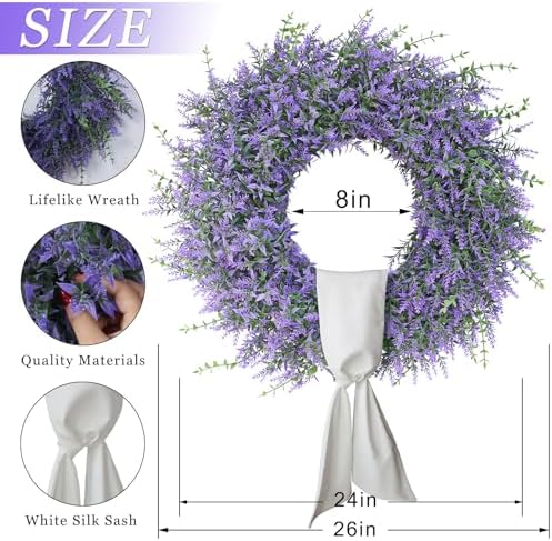 26" Artificial Lavender Eucalyptus Wreath with Sash for Front Door(Purple) - Image 5