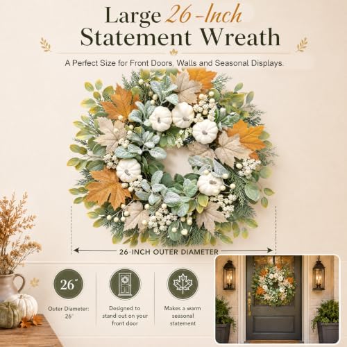 26 Inch Fall Wreaths for Front Door, Artificial Autumn Wreath - Image 2