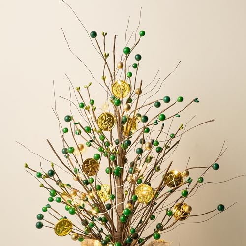 Glitzhome Lighted St Patrick's Shamrock and Berry Blossom Table Tree 18”H Green Berries Tree Table Centerpiece for St Patrick's Day Holiday Decoration Home Decor Artificial Plants - Image 7
