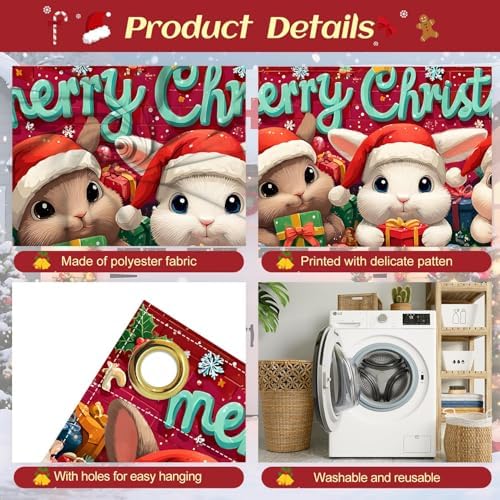 Bunnies Garage Door Banner 16x7 Ft - Rabbits in Santa Hats for 2 Car Garage Cute Decor - Image 3