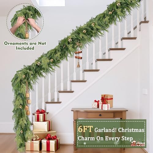 Extra Thick&Lush - 6Ft by 12 Inch Artificial Garland Norfolk Pine Garland, Real Touch Cedar Garland, Realistic Soft 120 Branch Tips Pine&Cedar Faux Greenery Cypress Garlands for Mantle Outdoor Indoor - Image 4