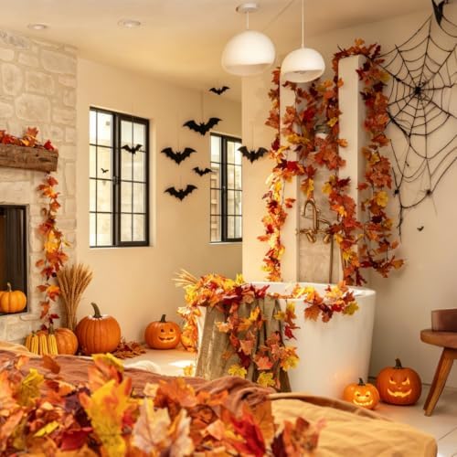 CQURE 26 Pack Artificial Fall Leaf Garland (153.4Ft Total), Autumn Garland Maple Leaves Vines for Thanksgiving Home Fireplace Arch Decor - Image 2