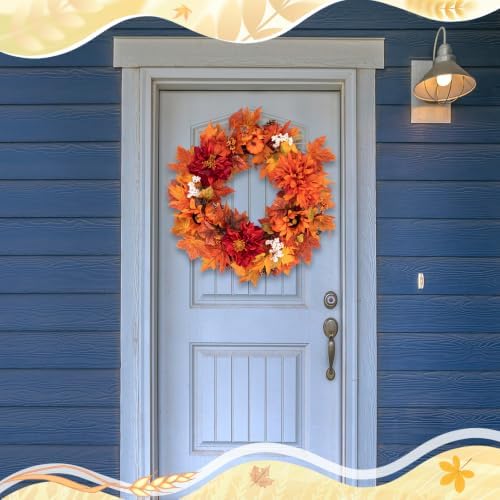 Fall Wreaths for Front Door Decor Artificial Flower, 24" Pumpkin Autumn - Image 3