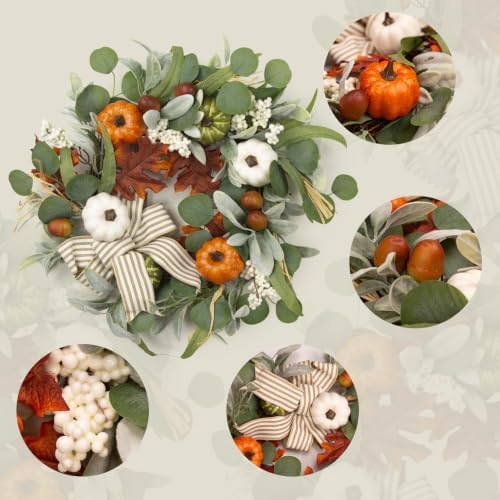 Fall Wreath for Front Door, 22 Inches Autumn Wreath for Thanksgiving Decor - Image 2