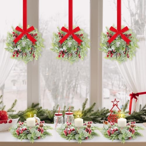18 Pcs 9.2" Mini Christmas Wreaths for Cabinets Small Wreath Kitchen with Ribbon Christmas Decorations Candle Rings Red Berry Pine Cone Wreaths for Windows Farmhouse Xmas Decor Table Centerpiece - Image 6