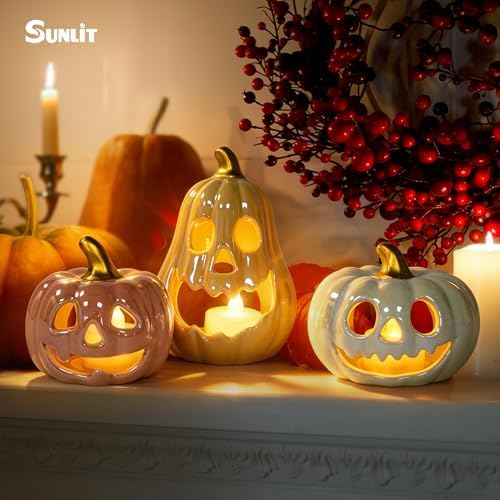 Sunlit Ceramic Pumpkin with 3 Tea Lights, Jack O Lantern Candle Holder Set of 3, Tabletop Indoor Halloween Decorations for Holiday Party Home, Pearl Finish - Image 5