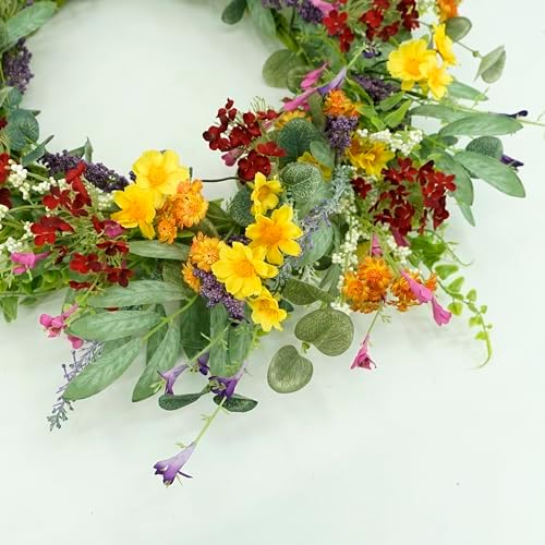 AMF0RESJ Artificial Spring Summer Wreath for Front Door Yellow Daisy Wreath with Olive Leaf,Eucalyptus Leaves for Front Door Indoor Outdoor Wall Porch Farmhouse Home Decor - Image 5