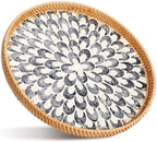 16 inch Round Rattan Tray with Mother of Pearl Inlay Wicker Serving Tray with Wooden Base Boho Decorative Wicker Basket for Table Decor Bathroom Candle Perfume(Plume) by Tiangrid