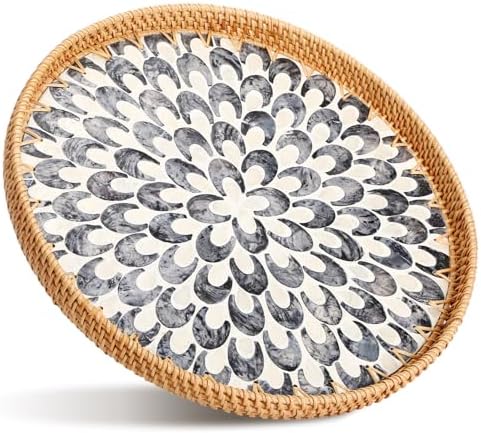 16 inch Round Rattan Tray with Mother of Pearl Inlay Wicker Serving Tray with Wooden Base Boho Decorative Wicker Basket for Table Decor Bathroom Candle Perfume(Plume) by Tiangrid
