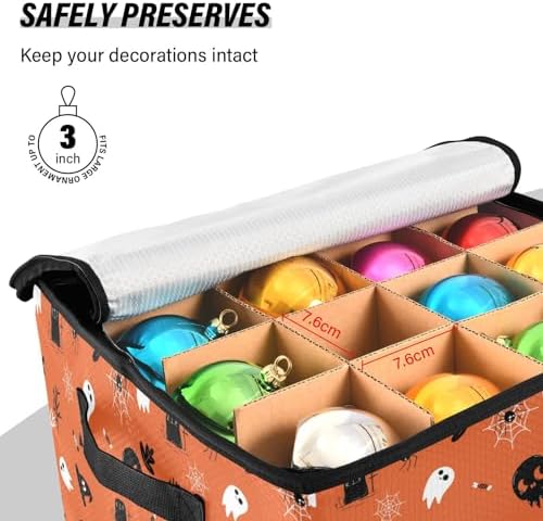 YETTASBIN Halloween Ghost Pumpkin Large Christmas Ornament Storage Box with Zipper & Adjustable Dividers, Storage Container with Lid & Handles for 64 Holiday Ornaments 3-Inch, 13 x 13 Inch - Image 5