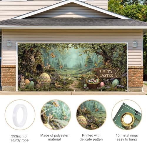 Happy Easter Woodland Scene Garage Door Banner 7x16FT, Bunny & Colorful Easter Eggs Garage Door Cover, Outdoor Spring Decor for Yard, Garage & Front Door - Image 4