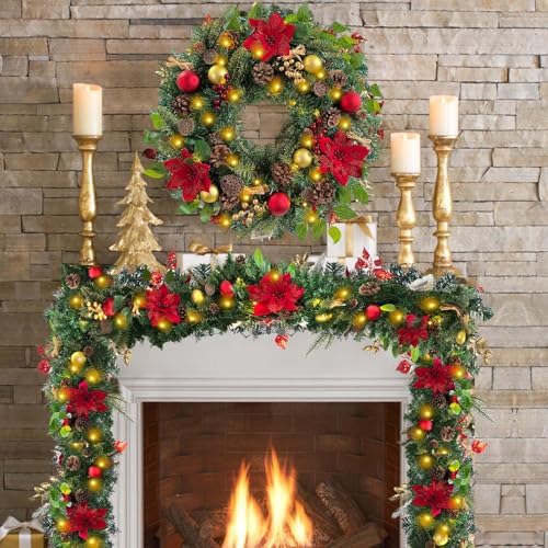 WANNA-CUL Pre-Lit 24 Inch Red Gold Christmas Wreath for Front Door - Image 5