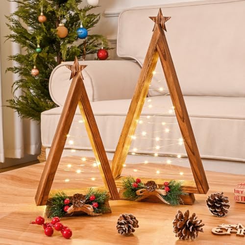 2 Pcs Triangle Tabletop Wooden Christmas Tree with Lights, Modern Farmhouse Rustic Christmas Decor, Small Lighted Xmas Tree for Kitchen Mantle Shelf Living Room(14.2" Large / 11" Small) - Image 6