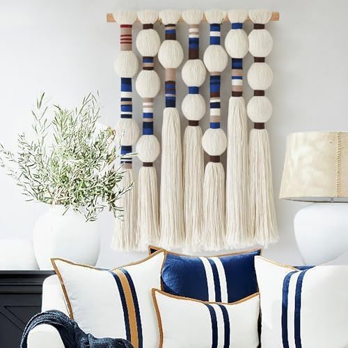 Macrame Wall Hanging Blue Handmade Yarn with Ball Tassels 15.7" Wx 21.6" L - Image 3