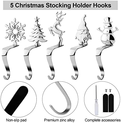 URATOT Christmas Stocking Holders Non-Slip Metal Stocking Hooks Mantel Stocking Holders Hanger in 5 Designs for Christmas Decoration, Silver, Set of 5 - Image 3