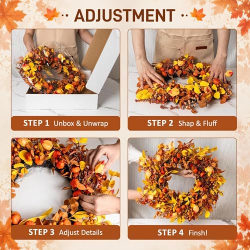 26" Fall Wreath for Front Door Pumpkin Artificial Wall Decor Autumn - Image 4