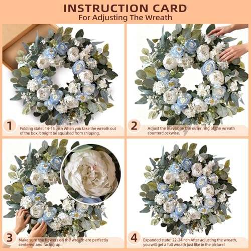 WANNA-CUL 24 Inch Spring White Peony Wreath Baby Blue Rose Front Door - Image 2