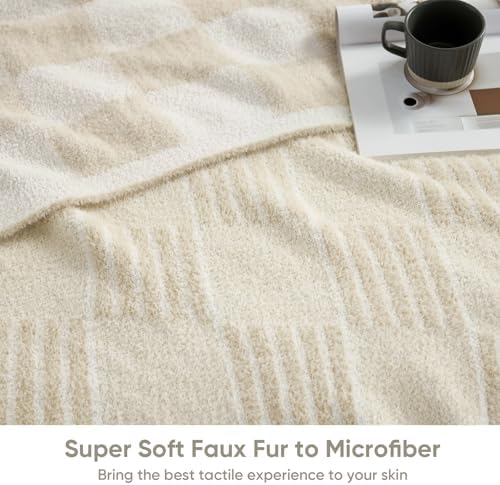 Snuggle Sac Faux Fur Checkered Blanket Twin Size with Soft Knitted Microfiber,Reversible Soft Cozy Warm Blanket for Sofa Bedroom,Cute Lightweight Striped Throws for Women,Heather Cream,60x80 inches - Image 4