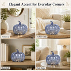 Indigo Blue Crackle Glass Pumpkin Light with 2 Lighting Modes and 6-Hour Timer, 5.5 x 6 Inch Battery Operated Fall Decor for Halloween, Thanksgiving and Christmas - Image 4