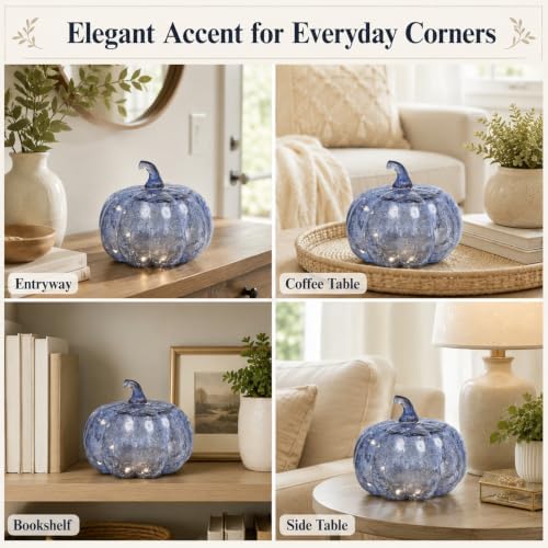 Indigo Blue Crackle Glass Pumpkin Light with 2 Lighting Modes and 6-Hour Timer, 5.5 x 6 Inch Battery Operated Fall Decor for Halloween, Thanksgiving and Christmas - Image 4