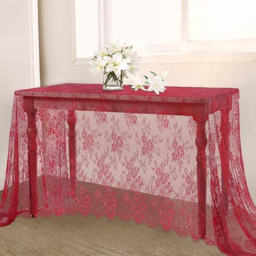 Red Lace Tablecloth Rustic Table Fabric 60x120 Inch for Wedding Christmas by LuoluoHouse