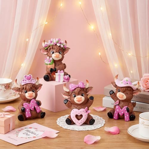 Simgoing 4 Pack Gifts for Mom Highland Cow Figurines Pink Highland Cow Statue Home Decor Love Mom Cattle Statues for Mother's Birthday Home Tabletop Centerpieces Garden Decor Calf Lovers Gifts - Image 4
