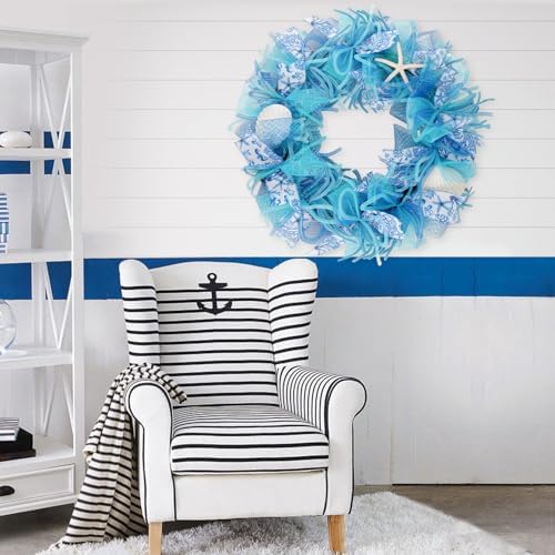 24 Inch Coastal Seashell Large Wreath with Natural Starfish & Scallops Shell, Blue Beach Style Front Door Wreath with for Spring Summer, Farmhouse Rustic Indoor Outdoor Home Wall Wedding Decor - Image 6