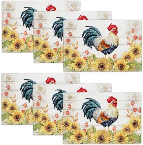 Farmhouse Rooster Placemats Set of 6, 12x18 Inch Country Chicken Table Place Mat Rustic Farm Animal Washable Non-Slip Heat Resistant Fabric Placement Mats for Dining Kitchen Indoor Outdoor Decor by UIAMT