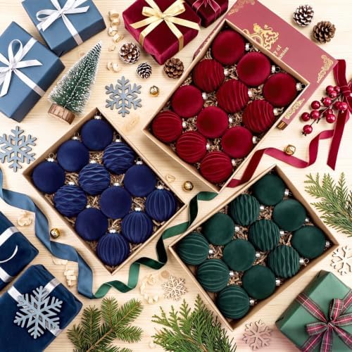 36 Pcs Velvet Christmas Ornament Vintage Ball Bulk, Blue Green Burgundy Red - Image 3