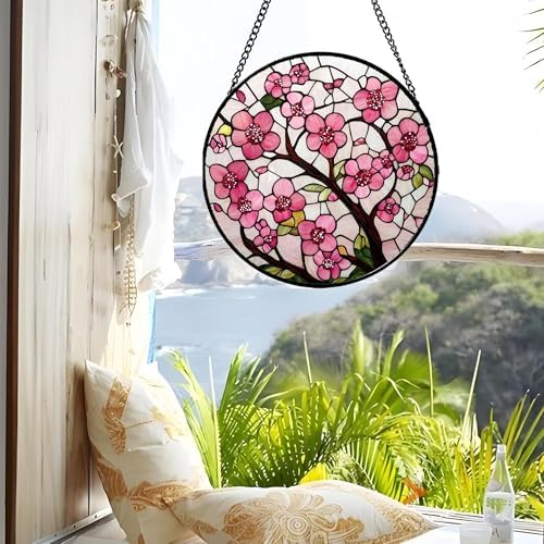 Pink Cherry Blossoms Stained Glass Window Hanging Suncatcher Gifts 12" - Image 3