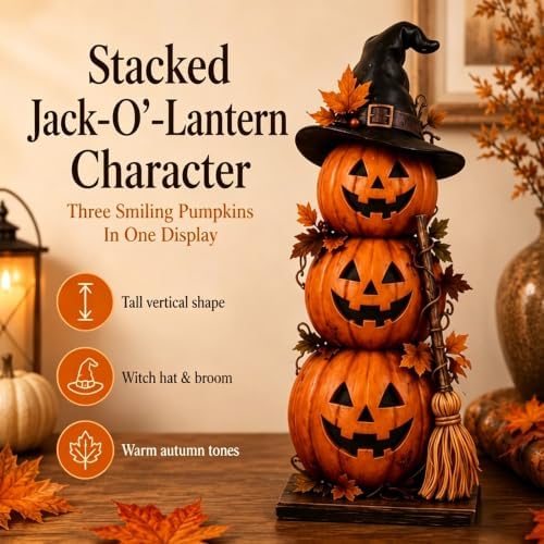 Lighted Halloween Haunted House & Character Figurine Collection, Halloween Decorations with Ghost, Black Cat & Pumpkin Figures, Gothic Haunted House Centerpiece for Mantel Shelf Home Decor，Pumpkin - Image 4