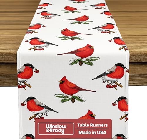 Christmas Table Runners | Red Cardinals Table Runner | Winter Decorations for Home | Festive Holiday Table Decor | Kitchen Dining Table Runner | Made in The USA | 14" x 90" Long by FabricTextileProductsInc