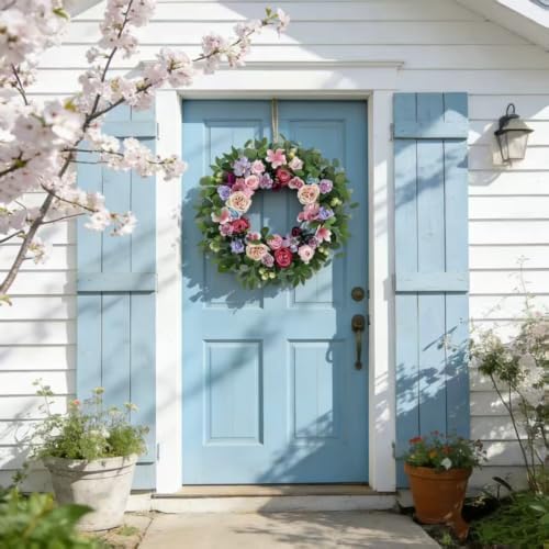 Artificial Spring Wreath for Front Door, Floral Wreath with Eucalyptus & Berries, Easter Wreath & Summer Wreaths for Front Door, Year Round Spring Door Wreath for Home Wall Decor - Image 4