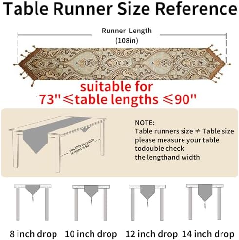 Luxury Vintage Design Table Runners 108 inches long Embroidery Jacquard Fabric with Multi-Tassels table runners for Dining Room Dresser Wedding holiday Party fireplace Decorations (Coffee, 12X108inch) - Image 2