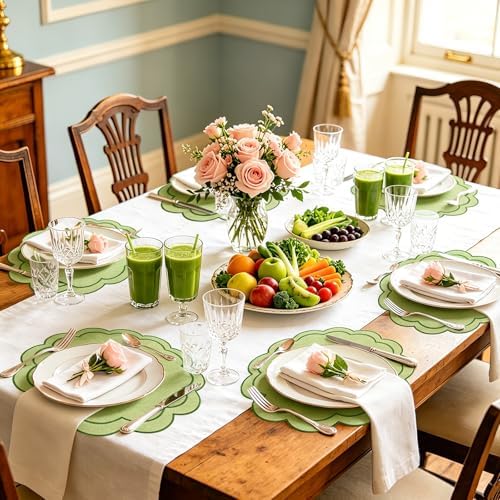 Whaline Green Linen Placemats Embroidered Round Scalloped Kitchen Place Mats for Spring Party Hotel Restaurant Kitchen Home Dining Table Decor, Set of 6, 15 x 15 in - Image 6