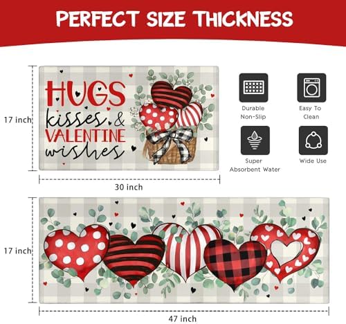 Valentines Day Kitchen Mat Set 2 Piece,Valentine's Day Buffalo Plaid Polka Dot Stripes Love Hearts Kitchen Rugs,Valentines Eucalyptus Leaves Low-Profile Mats for Home Kitchen Decor 17"x48"+17"x30" - Image 3