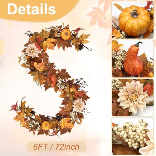 Fall Garland 6Ft Lifelike Autumn Maples Leaf Pumpkin Garland with Berries Pine Cones, Fall Decorations for Home Thanksgiving Halloween Fireplace Farmhouse Porch Indoor Outdoor Decorations - Image 2