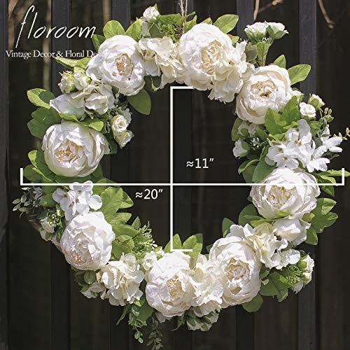 Floroom Floral Wreath, 20" Artificial White Peony Hydrangea Wreath for Front Door Wedding Decorations Wall Decor - Image 5