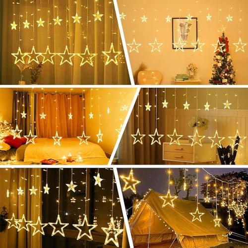 Star Curtain Lights for Bedroom - Plug-in 9ft 138 LED Fairy Twinkle Lights with 12 Star Drops, Connectable Window Lights with Remote 8 Lighting Modes for Indoor Xmas Ramadan Decoration, Warm White - Image 4