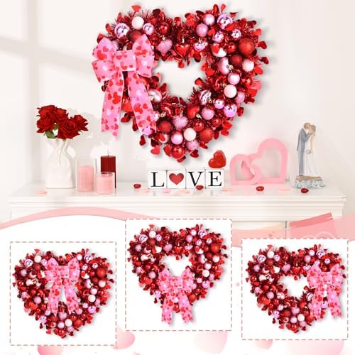 Waipfaru 2 Pcs 14.2'' Valentines Day Wreath, Heart Wreaths for Front Door, Red Pink White Valentine Wreath Decorations with Bowknot Lights for Valentine's Home Wedding Party Wall Window Gifts Decor - Image 5