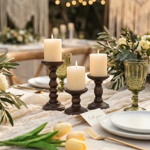 Romadedi Wood Candle Holders for Pillar, Dark Brown, Set of 3 - Image 2