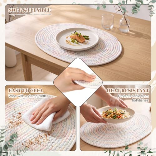 Oval Woven Placemats Set of 6, Cotton Rope 16x12 Inch, Colorful - Image 3