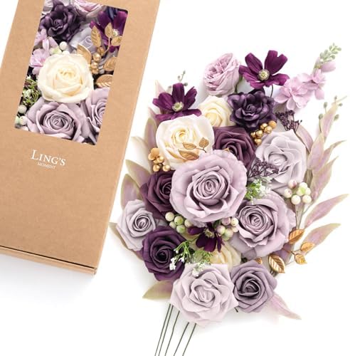 Ling's moment Purple Artificial Wedding Flowers Deluxe Combo, Lilac & Cream by LingsMoment