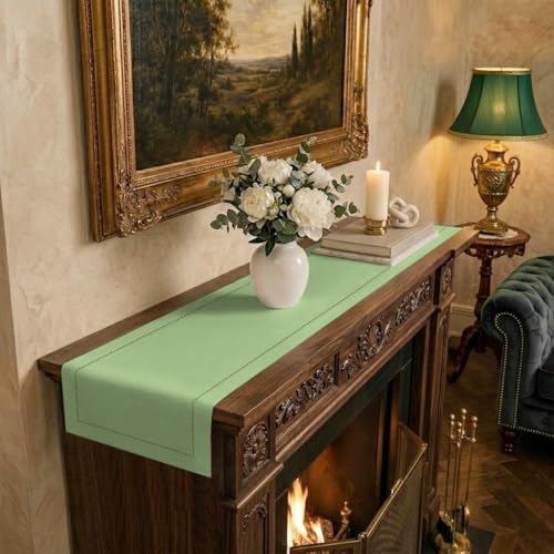 Signature Linen™ by D'Moksha, Sage Green Table Runner 60 Inches, 100% Pure Linen, Hemstitch, Coffee Table Runner, 14 x 60 Inch for Dresser Tables- Fall, Weddings, Outdoor Hosting by DMokshaHomes